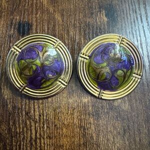 Vintage Gold Tone Purple Green Enamel Swirl Large Round Circle Earrings